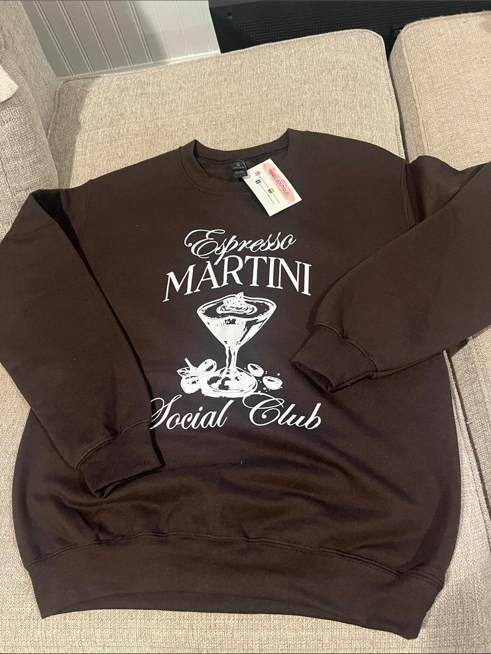 Gildan Brown Crewneck Sweatshirt with White Espresso Martini Graphic
